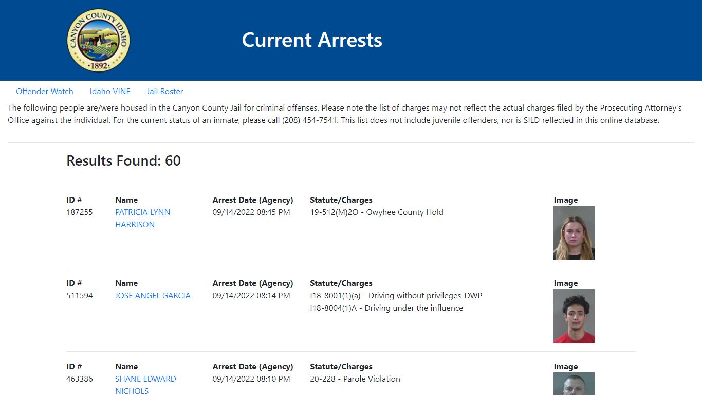 Current Arrests - Canyon County, Idaho